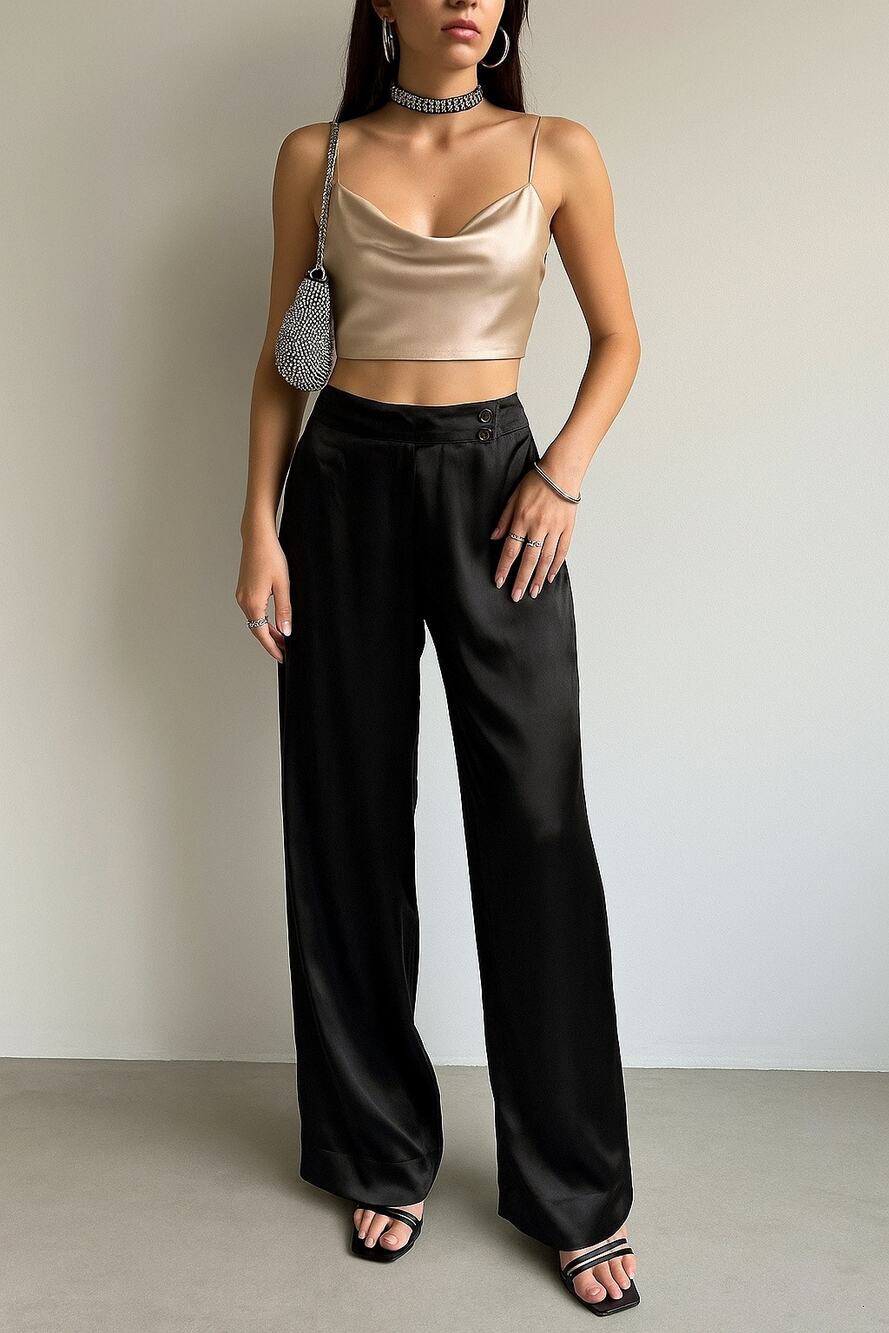 Vintage Designer Wide Leg Satin Slinky Trousers Black Italian 44 Acetate Viscose